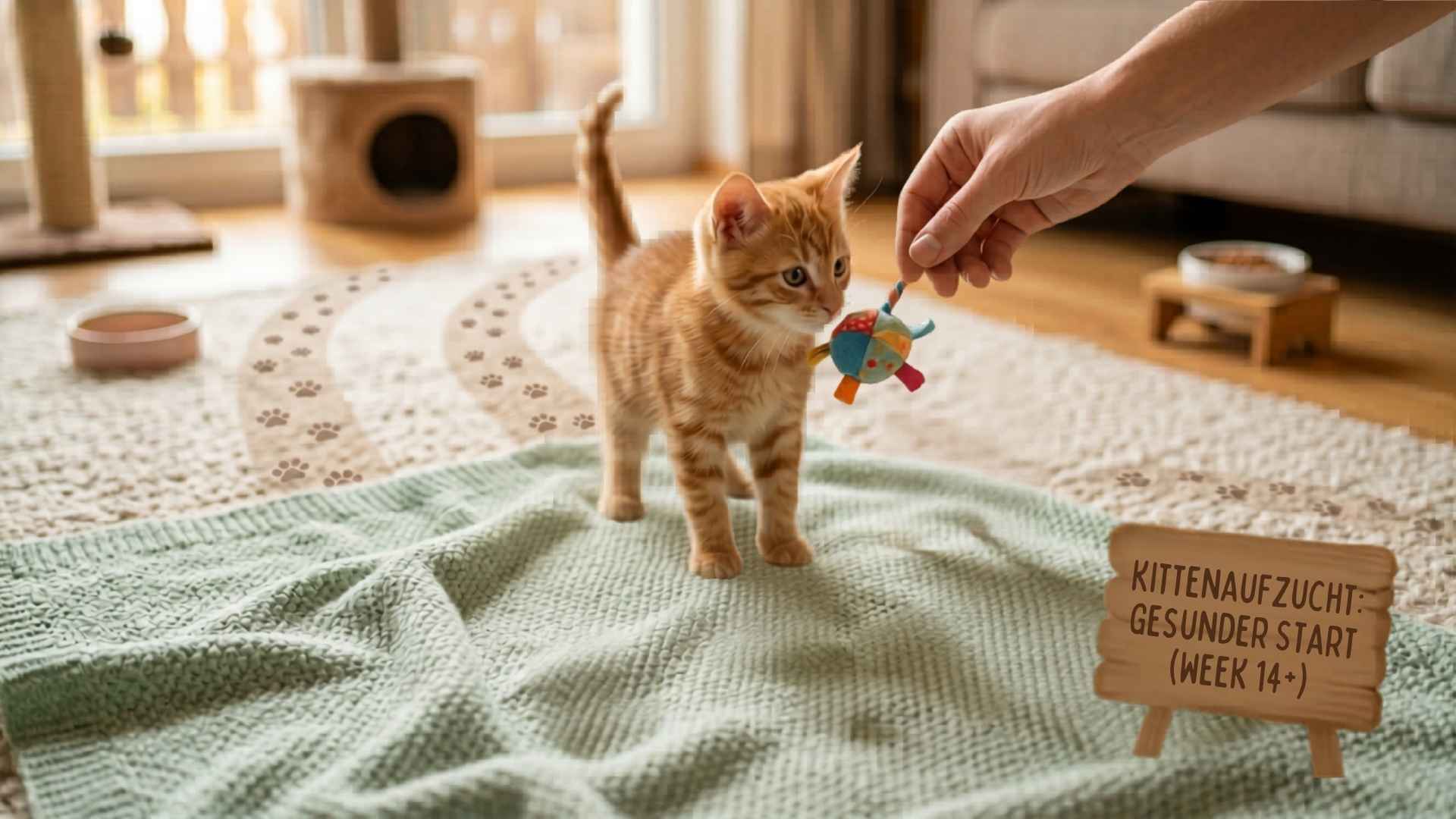 Ein kleines, rot-weiß getigertes Kätzchen steht auf einer hellgrünen Kuscheldecke in einem gemütlichen Wohnzimmer. Eine menschliche Hand ohne Handschuhe hält dem neugierigen Kätzchen ein kleines, buntes Stoffspielzeug hin. Im Hintergrund ist ein angedeuteter Pfad aus Pfotenabdrücken auf dem Teppich zu sehen. Das Bild hat eine weiche, warme Atmosphäre mit einer geringen Tiefenschärfe.