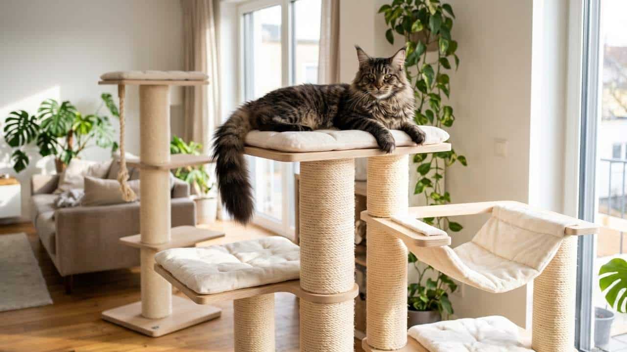 Große getigerte Maine-Coon-Katze liegt entspannt auf der oberen Aussichtsplattform eines massiven, standfesten Kratzbaums mit dicken Sisalstämmen.