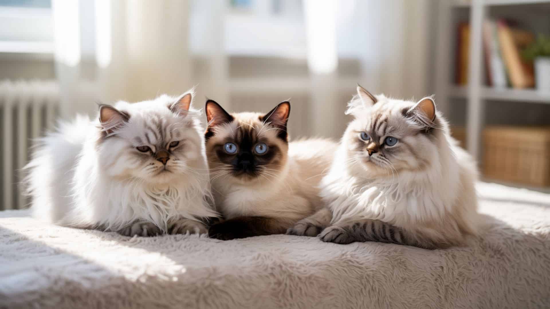 Drei Katzen liegen entspannt nebeneinander auf einem Sofa – harmonisches Zusammenleben im Mehrkatzenhaushalt.