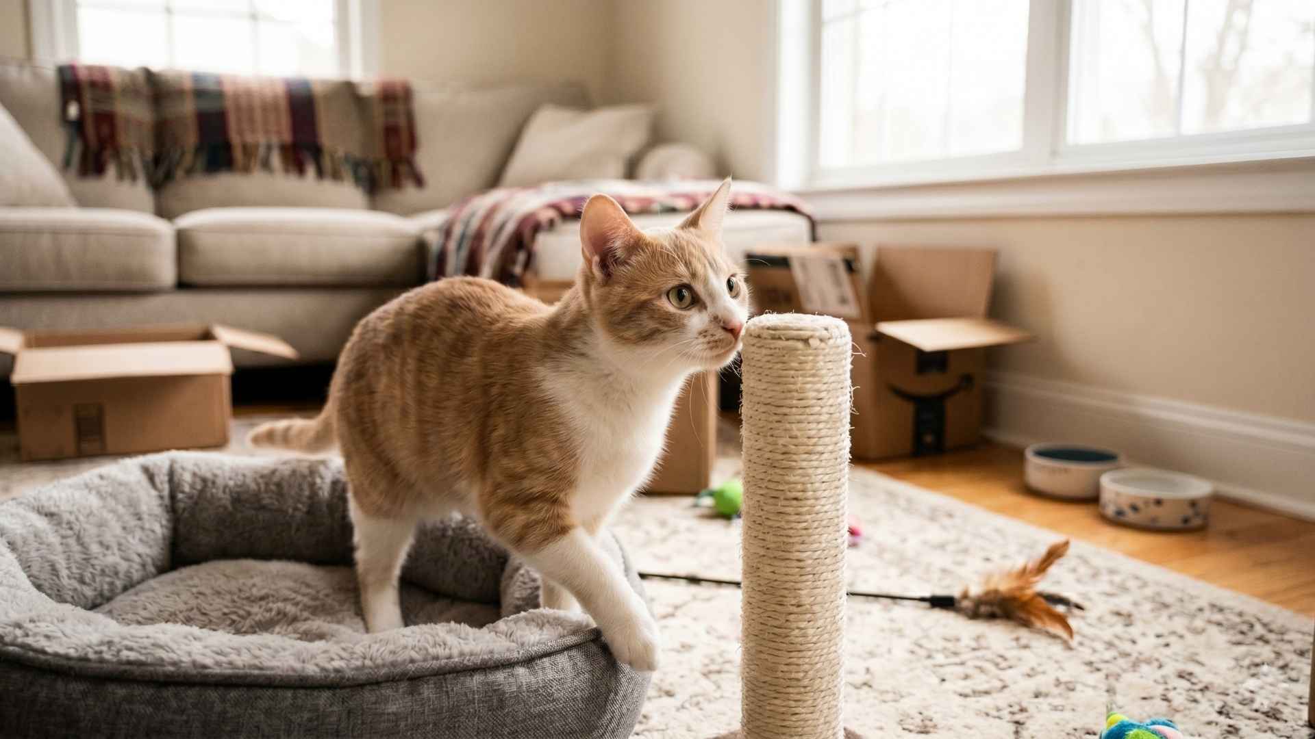 Eine hellbraun-weiße Katze erkundet vorsichtig ihr neues Wohnzimmer, schnuppert an einem Kratzbaum und steht neben einem gemütlichen Katzenbett. Im Hintergrund sind geöffnete Kartons zu sehen.
