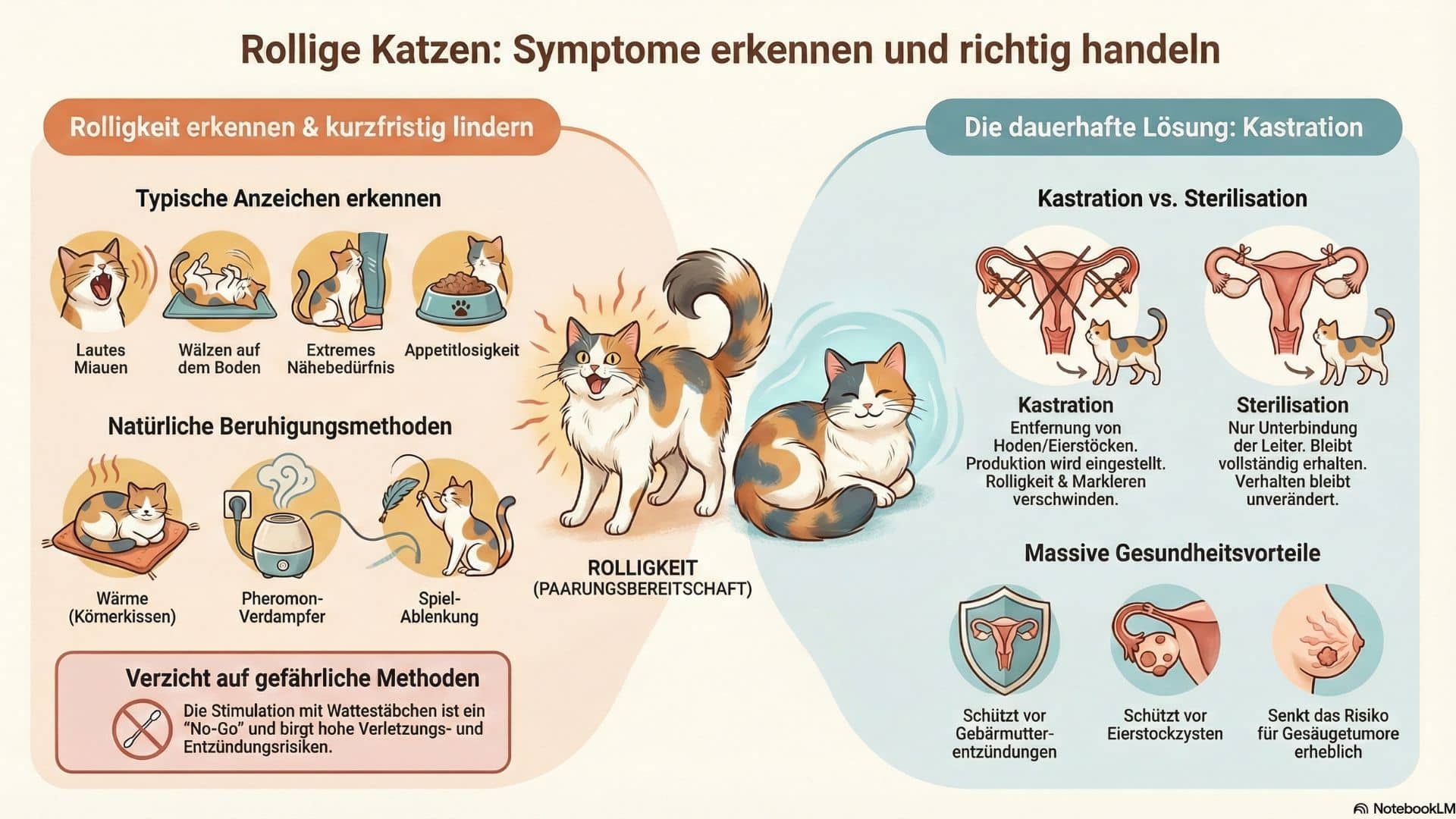 rolligkeit bei katzen Eine detaillierte Infografik mit dem Titel „Rollige Katzen: Symptome erkennen und richtig handeln