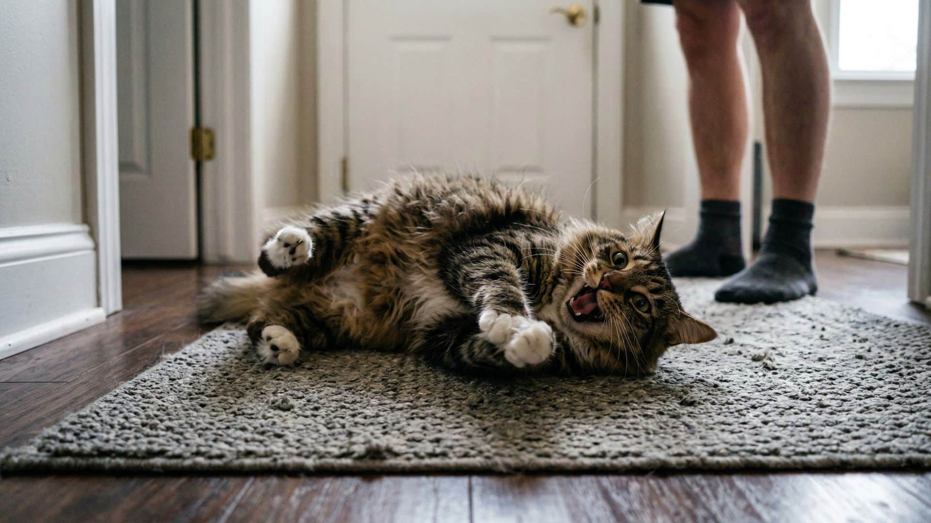 Eine flauschige, getigerte Katze liegt in einer dynamischen Bewegung auf dem Rücken auf einem grauen Teppichläufer in einem Flur. Sie wälzt sich unruhig hin und her, hat das Maul zu einem lautlosen Rufen weit geöffnet und blickt mit intensiven Augen in die Kamera. Im Hintergrund sind die unscharfen Beine einer Person in Socken sowie eine geschlossene weiße Tür zu sehen. Das Bild fängt das typische rastlose Rollen und Miauen einer Katze während der Rolligkeit ein.