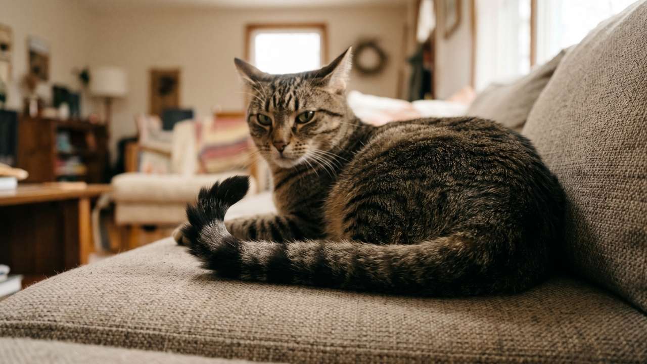 Getigerte Katze liegt mit leicht gedrehten Ohren auf einem Stoffsofa und zeigt eine nach oben gekrümmte, zuckende Schwanzspitze als Zeichen von Anspannung.