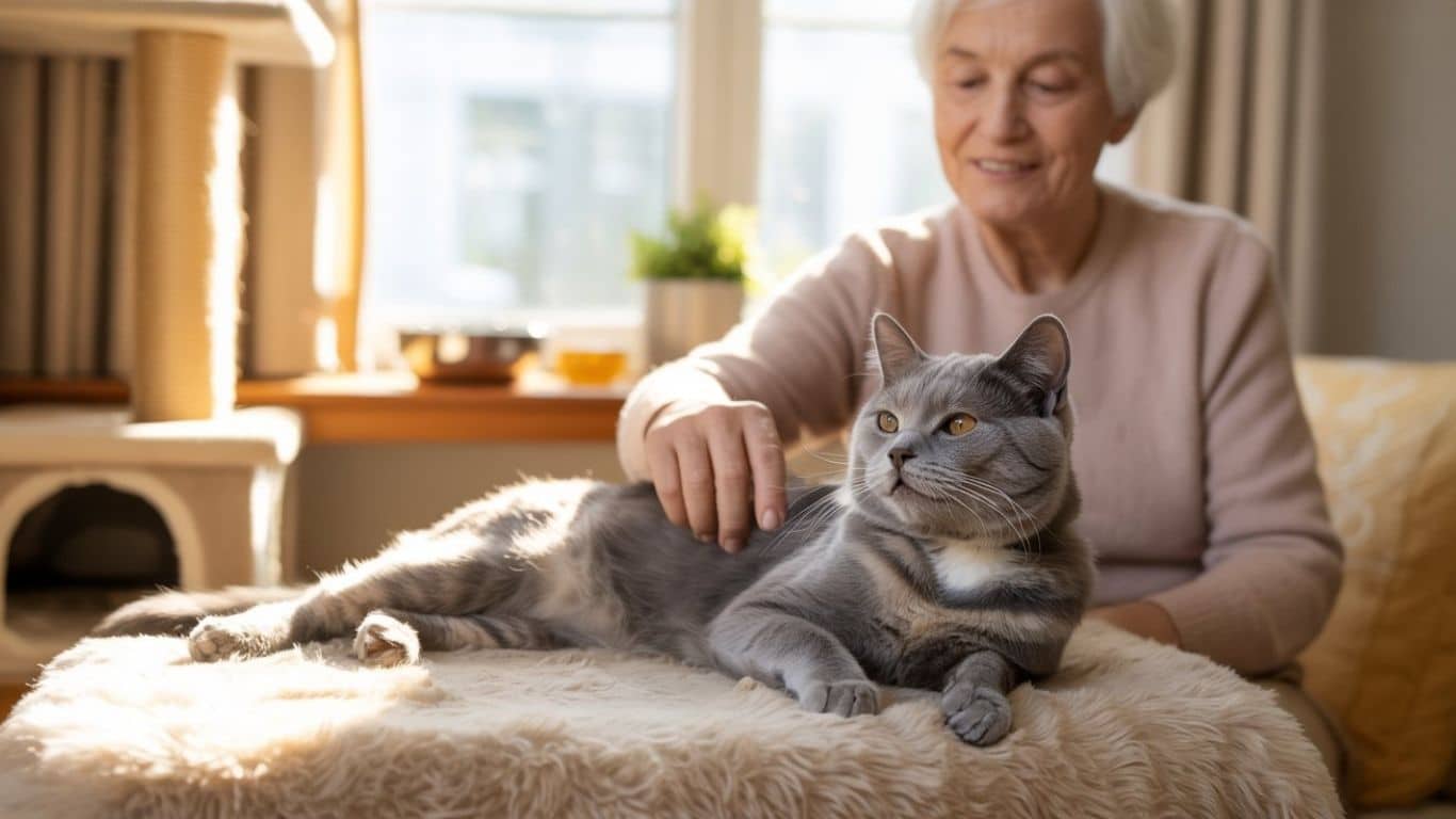 Senior-Katze wird liebevoll von älterer Frau im Wohnzimmer gepflegt – Tipps für Katzenpflege im Alter.