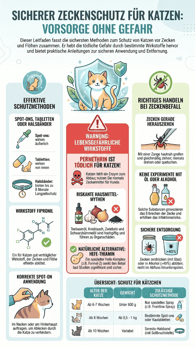 Sicherer Zeckenschutz für Katzen: Vorsorge ohne Gefahr Infografik mit dem Titel „Sicherer Zeckenschutz für Katzen: Vorsorge ohne Gefahr“. Die Grafik ist in helle Blau-, Grün- und Rottöne unterteilt und zeigt eine illustrierte Katze unter einem Schutzschild. Sie warnt eindringlich vor dem für Katzen tödlichen Wirkstoff Permethrin sowie vor riskanten Hausmitteln wie Teebaumöl, Knoblauch und Zwiebeln. Als sichere Methoden werden Spot-ons (z.B. mit Fipronil), Tabletten und Halsbänder vorgestellt. Zudem gibt es eine Anleitung zum geraden Herausziehen von Zecken ohne Öl oder Alkohol, Tipps zur korrekten Spot-on-Anwendung im Nacken sowie eine tabellarische Übersicht zum Schutz von Kätzchen nach Alter und Gewicht.