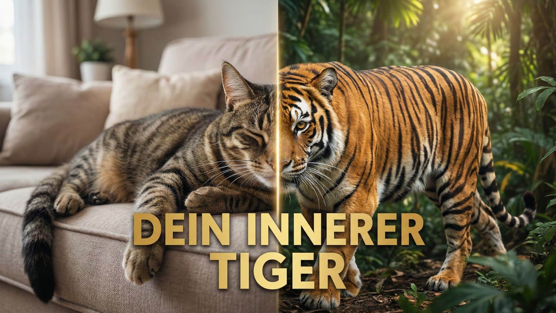 Split-Screen-Illustration: Links eine getigerte Hauskatze entspannt auf einem Sofa, rechts ein majestätischer Tiger im dichten Dschungel. In der Mitte steht der goldene Schriftzug „DEIN INNERER TIGER“.