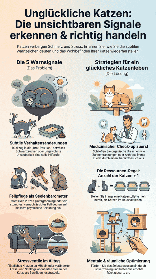 Infografik zu unglücklichen Katzen: 5 Warnsignale wie Rückzug, exzessives Putzen oder Möbelkratzen sowie Lösungen wie Tierarzt-Check, die Ressourcen-Regel für Katzentoiletten und Clickertraining.