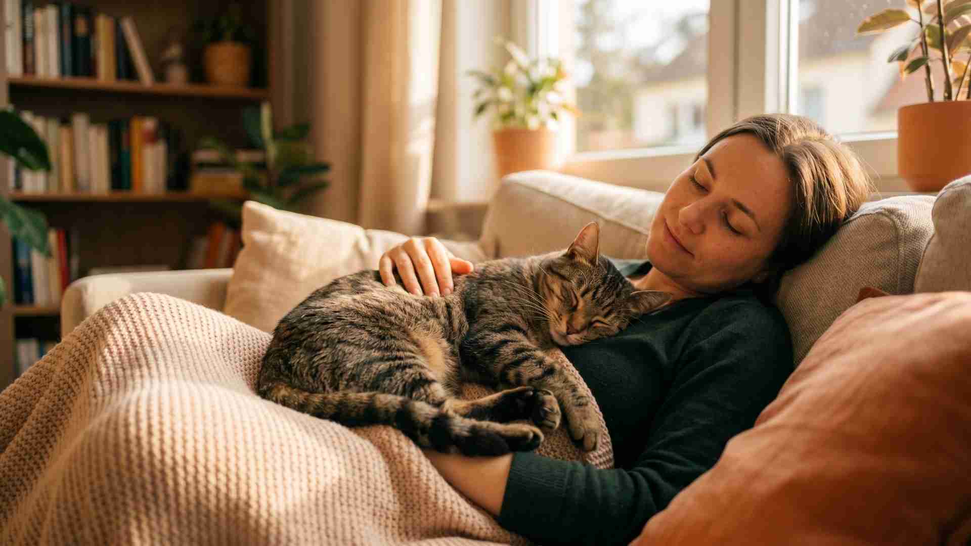 Eine entspannte Frau liegt auf einem Sofa, während eine getigerte Katze friedlich auf ihrer Brust schläft.