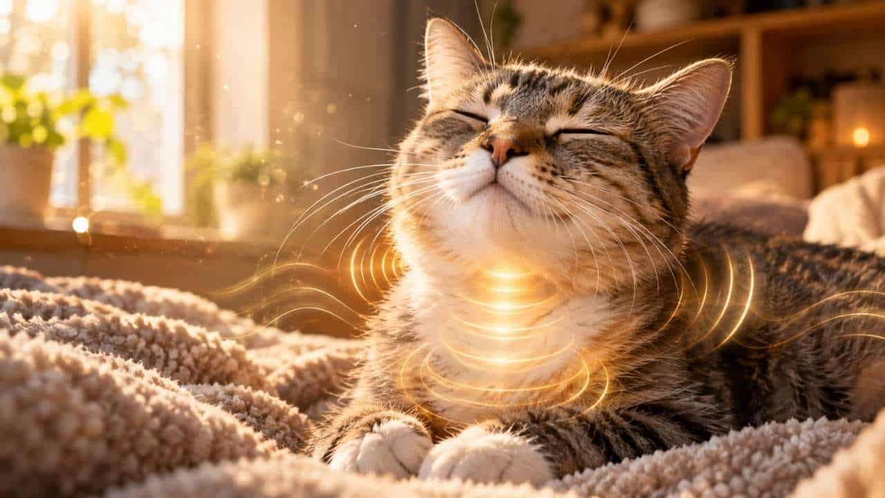 Getigerte Katze liegt schnurrend auf einer Decke im Sonnenlicht, umgeben von leuchtenden Schallwellen und Heilungsfrequenzen am Hals.