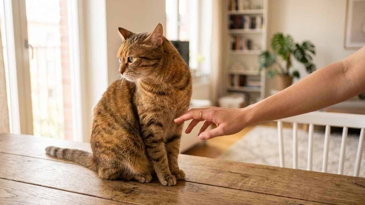 Getigerte Katze auf einem Holztisch wendet sich reserviert von einer streichelnden Hand ab, KI-generiertes Beitragsbild.