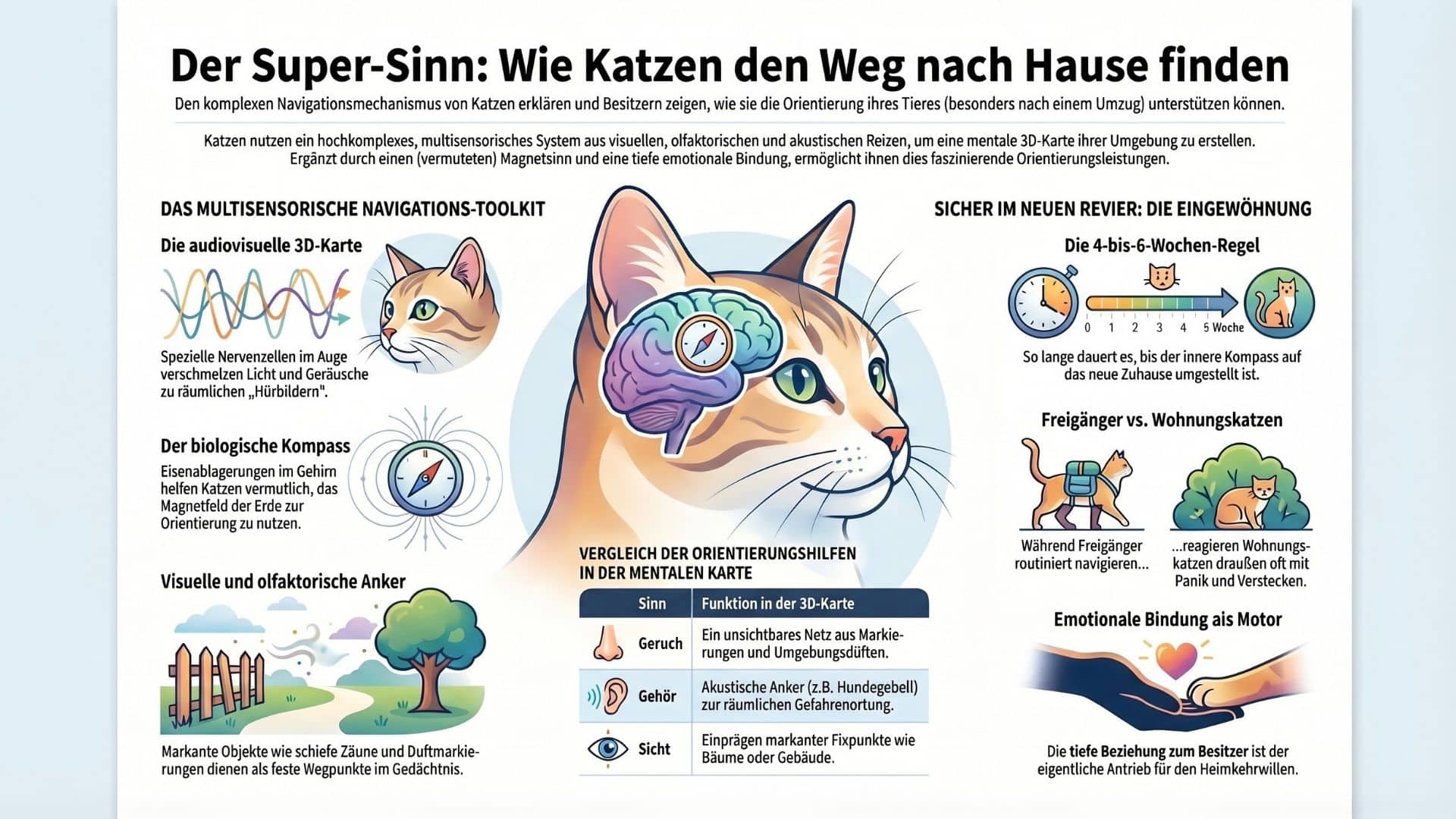 wie katzen den weg nach hause finden Infografik: Wie Katzen nach Hause finden.
Eine Übersicht über das Navigationssystem von Katzen.