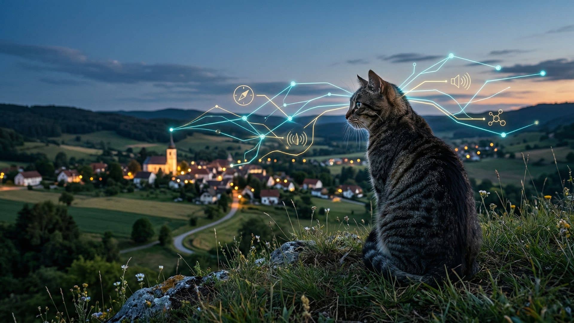 Getigerte Katze sitzt in der Dämmerung auf einem Hügel und blickt auf ein Dorf, umgeben von leuchtenden Navigationslinien und Symbolen.